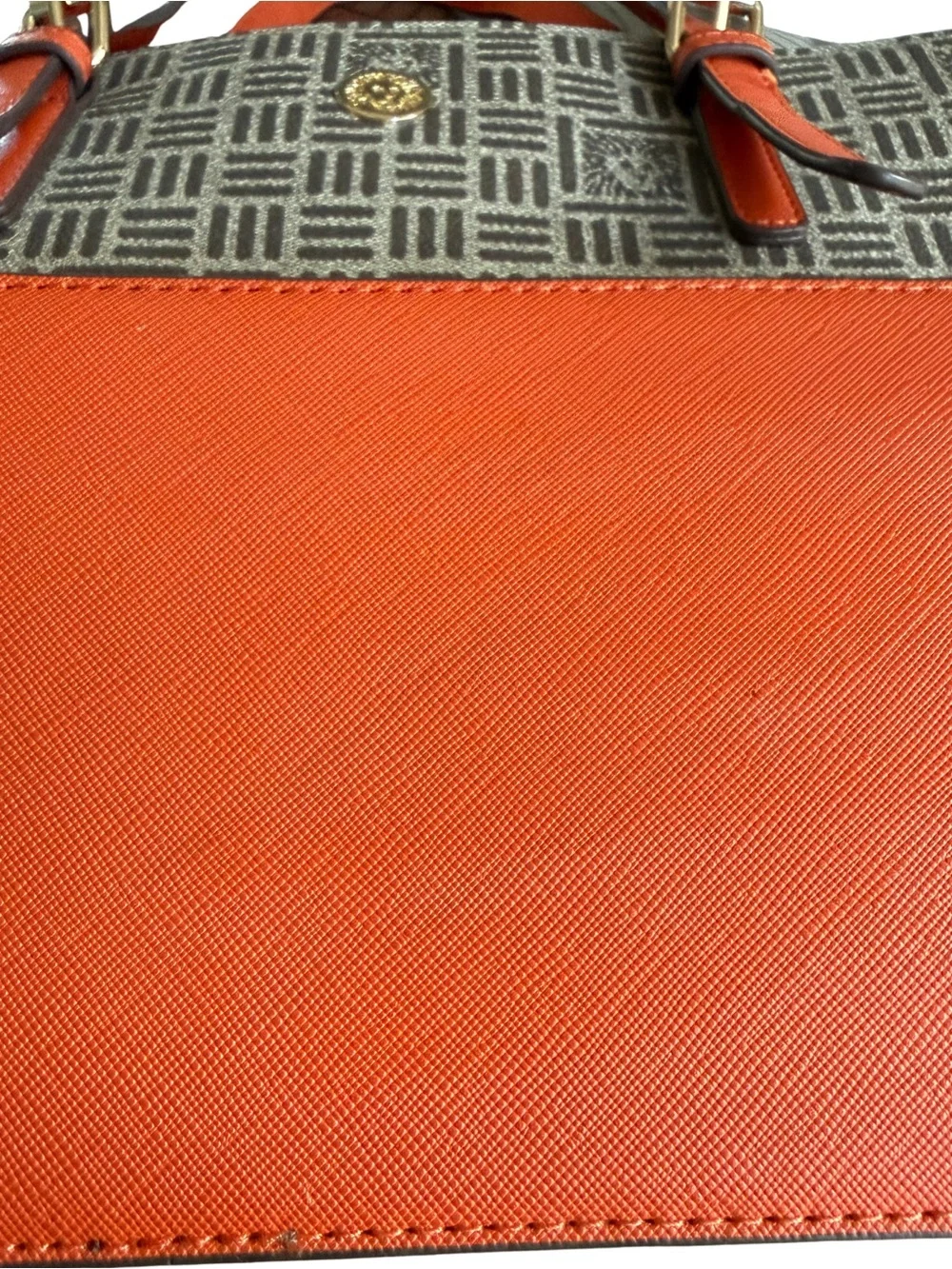 Anne Klein Brown Logo Monogram Tote Bag Orange Trim Shoulder Purse